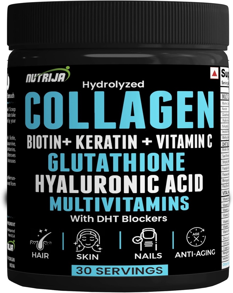 Polvere di collagene con Glutathione, Acido Ialuronico, Vitamina C, E, Zinco con Blocchi DHT & Multivitaminici - 30 Serve (Unflavoured)