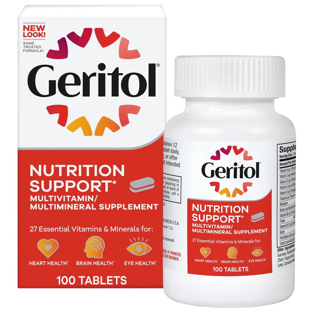 Geritol, Integratore Multivitaminico, Contiene B-Vitamina, Antiossidanti, Vitamine C, E & D e Ferro, 26 Vitamine e Minerali Essenziali, Senza Glutine, Non OGM, Senza Dolci Artificiali, 100 Compresse