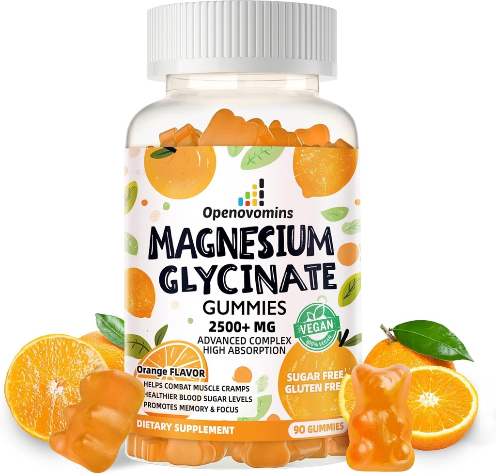 Magnesium Glycinate Gummies- Zucker Freie Magnesium Kaliumergänzung mit Vitamin D, B6, CoQ10 für ruhige Mood & Schlafunterstützung - 90 Orange Gummies