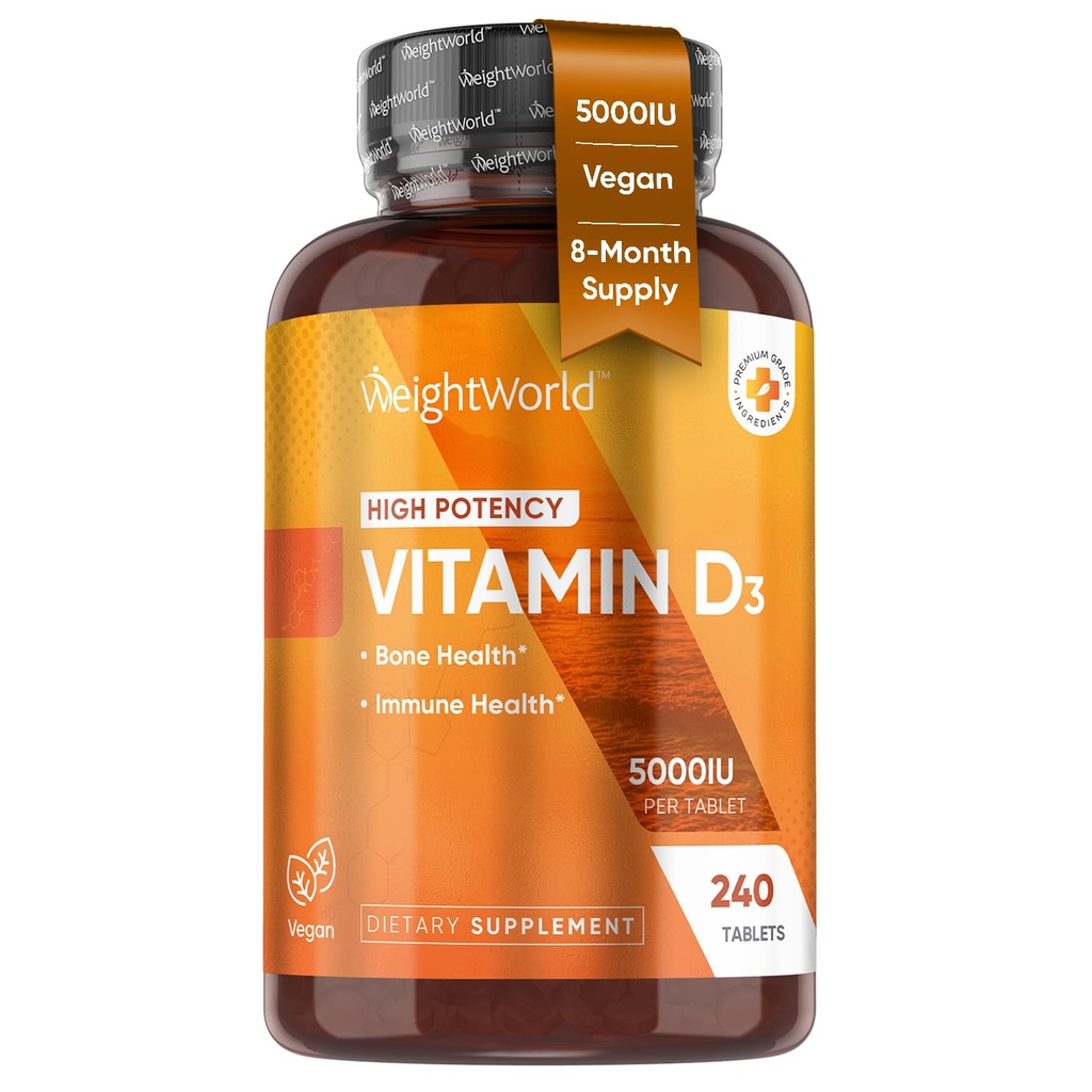 WeightWorld Vegan Vitamin D3 5000 IU - Aus Wild Harvested Lichen - Vitamin D Supplement aus Bioverfügbarem Cholecalciferol - 240 Vitamin D3 Tabletten - Glutenfrei & Allergenfrei