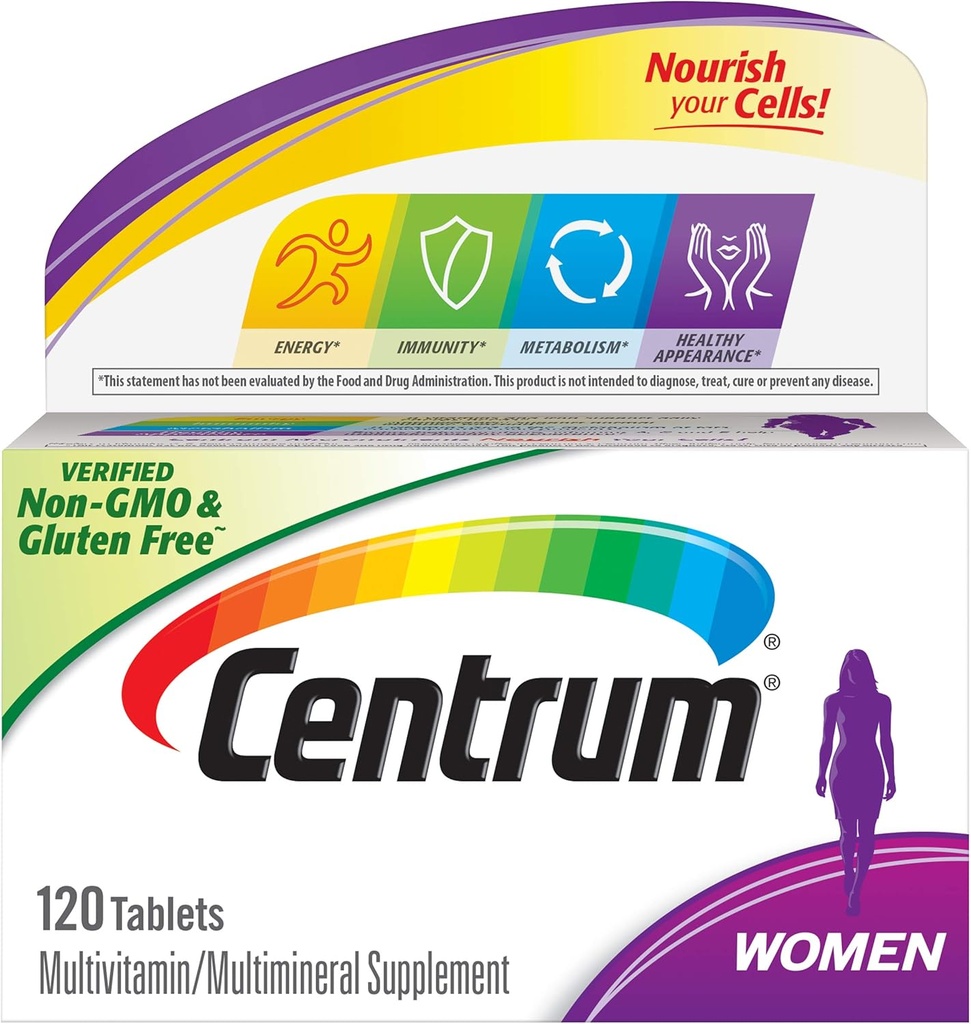 Tavolino Centrum Multivitamin per le donne, Integratore Multivitaminico/Multiminerale con Ferro, Vitamina D3, B Vitamine e Vitamine Antiossidanti C ed E, Senza Glutine, Ingredienti Non OGM - 120 Conte