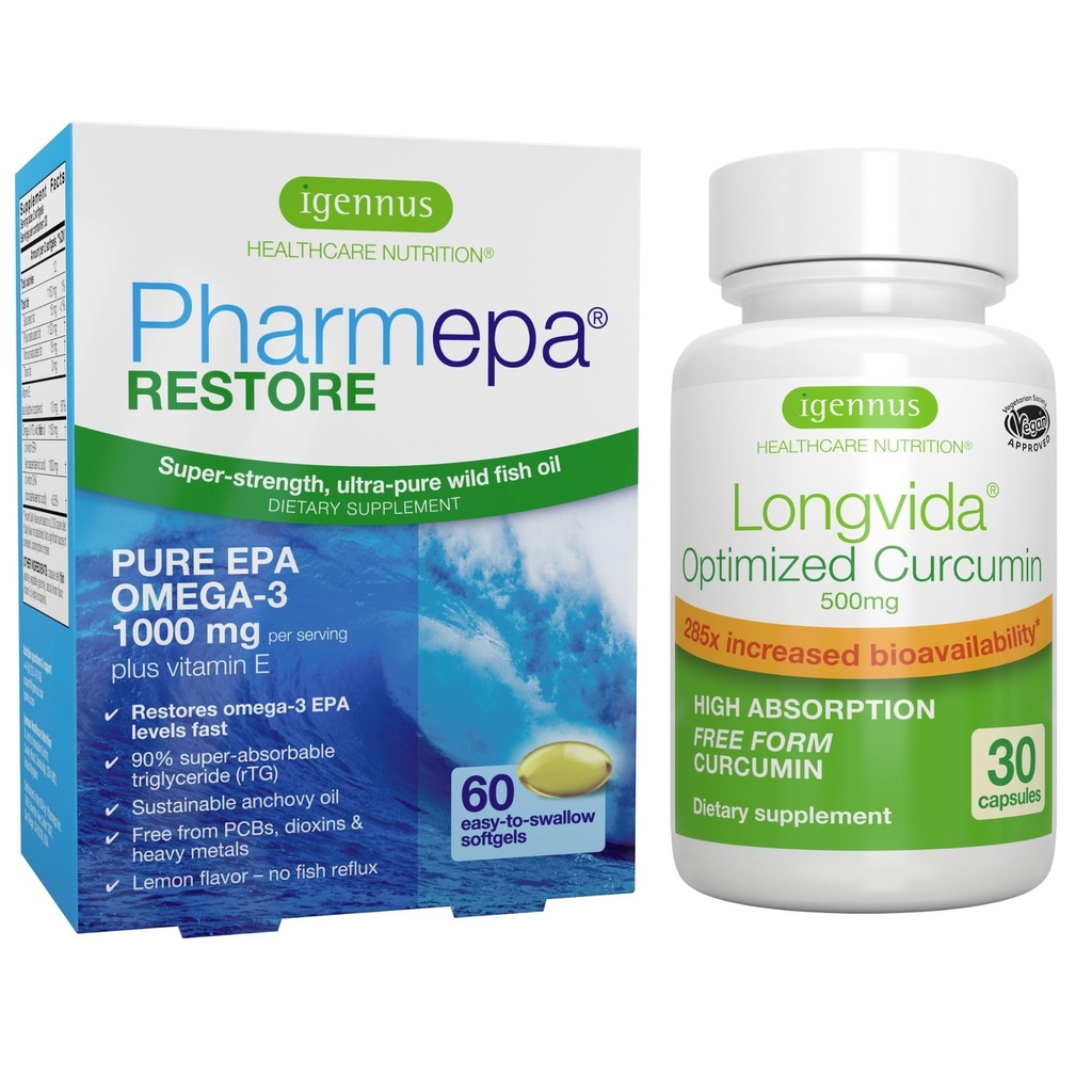 Pharmepa Restore & Longvida Lipidiertes Curcumin 500mg Bundle, 1000mg reines EPA Omega-3 Fischöl &amp; Ultra Bioverfügbares Curcumin, von Igennus