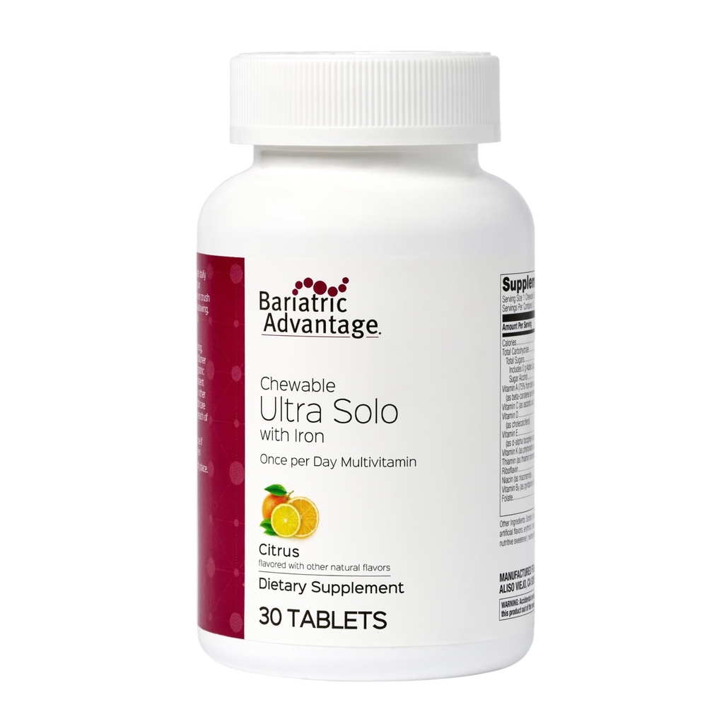 Vantaggio Bariatrico Masticabile Ultra Solo con Ferro - Una volta per giorno Multivitaminico giornaliero - per i pazienti baratici - con Thiamin, Vitamina A & More - Gluten Free - Citrus - 30 compresse