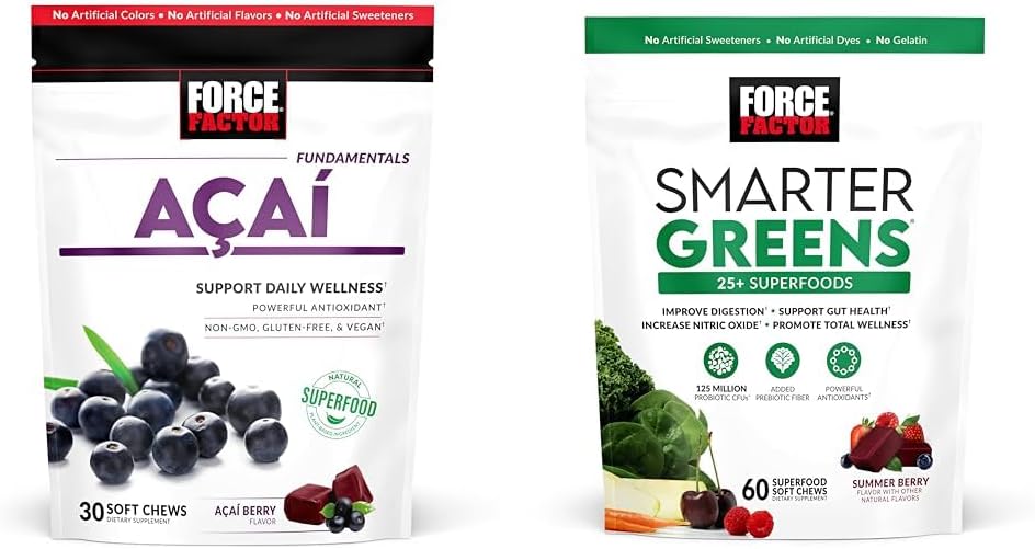 Force Factor Acai Soft Chews Immununterstützung und Smarter Greens Superfood Chews Digestion Support Bundle, 30 und 60 Count
