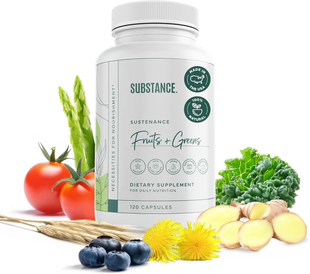 SUBSTANCE. - Nature's Sustenance Daily Greens, Daily Fruit and Veggies Supplement - Enhance Energy, Mental Clarity - Obst und Gemüse Beilagen - US Made, Vegan-Friendly - 30 Servietten.