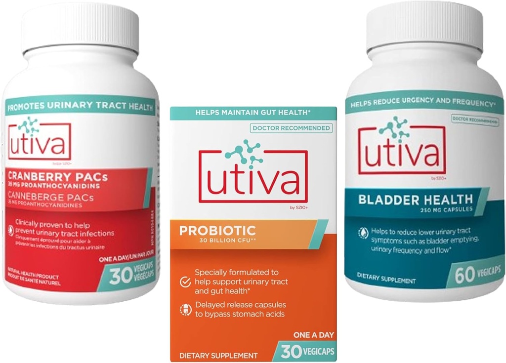 15% Bundle Utiva Cranberry PACs Ergänzung für Urinary Tract Gesundheit 30 Vegi Capsule + Utiva Probiotic für Gut und Urinary Tract Gesundheit 30 Delayed Release Vegi Capsule + Utiva Bladder Gesundheit 60 Kapseln
