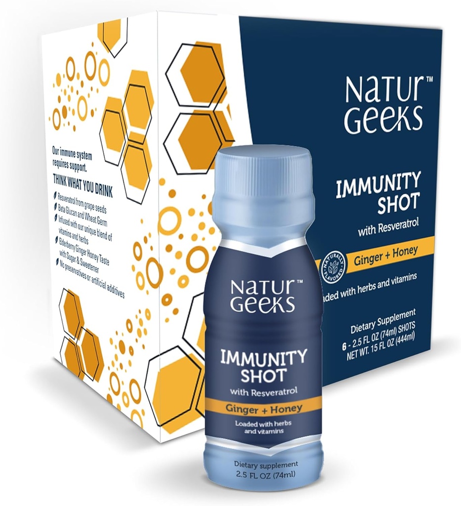 Immunität Unterstützung Shots mit Bio-Ginger + Honig | Vitamine C, D, B6, B12 und Zink | Flüssige Immunabwehr infundiert mit natürlichen Resveratrol und Spermidin | 6 Pack (2.5 Fl oz)