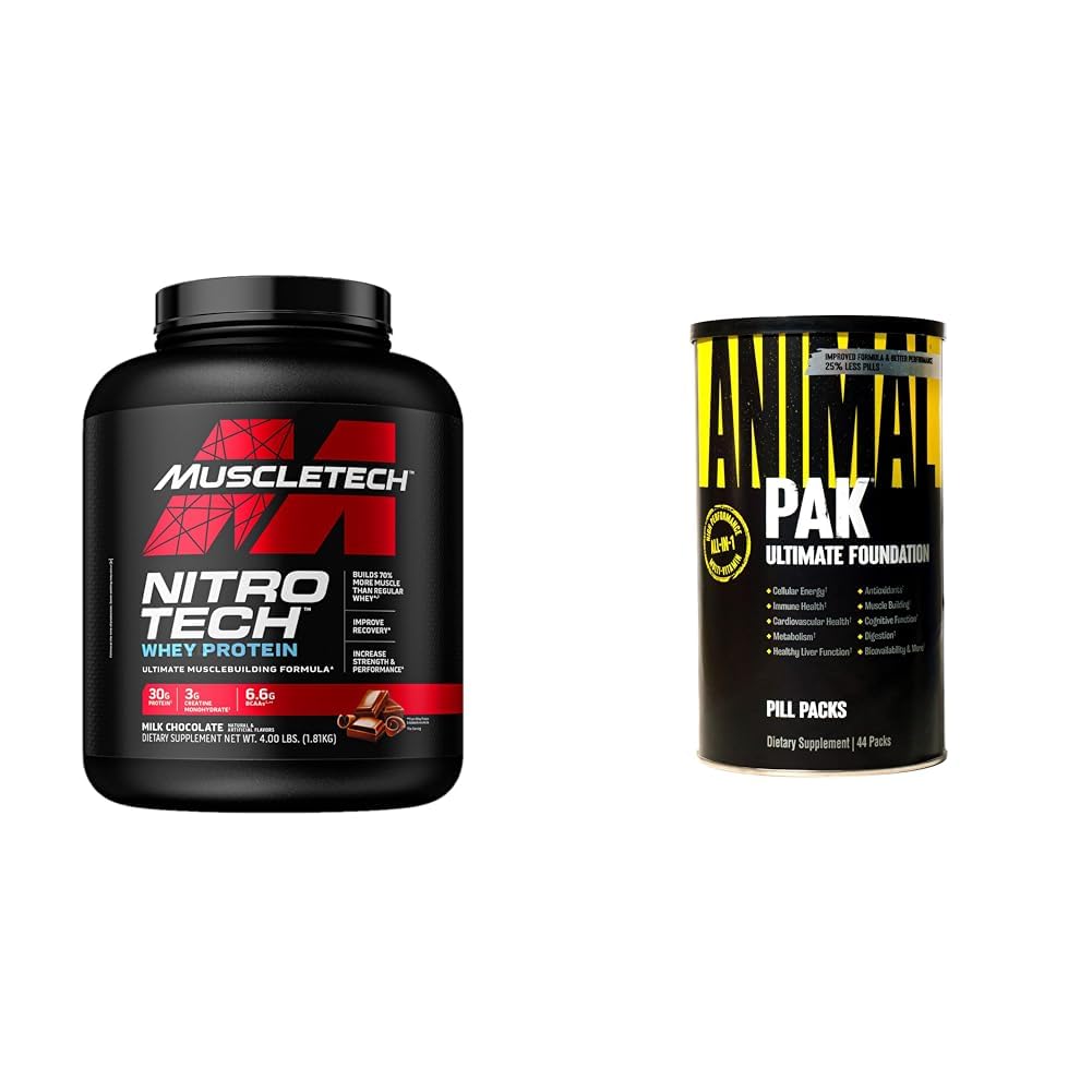 Muscletech Whey Protein Powder Nitro-Tech Whey Protein Isolate & Peptides & Animal Pak - Pack de vitamines et suppléments tout-en-un pratique