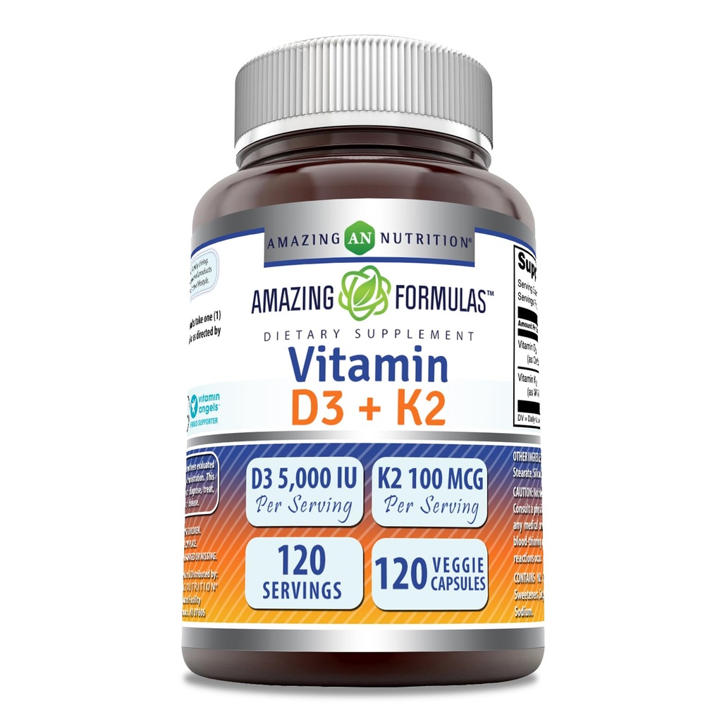 Formules étonnantes Vitamine D3 5000 UI avec Vitamine K2 100 Mgg. 120 Capsules de légumes Supplément.