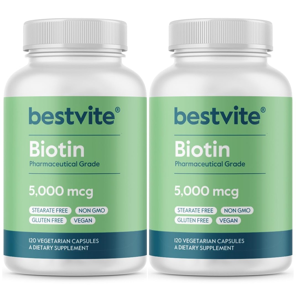 BESTVITE Biotin 5000mcg (240 vegetarische Kapseln) (120 x 2) - keine Stearaten - keine Flow Agenten - Vegan - Non GMO - Glutenfrei - Haar, Haut, Nägel