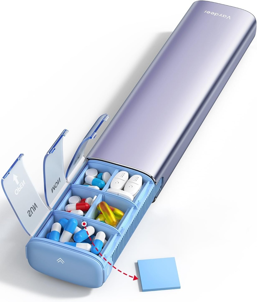 Vaydeer Organisateur hebdomadaire de pilules de 7 jours (support 2 fois par jour), cas de pilules de voyage en métal, boîte quotidienne de pilules de forte capacité pour suppléments, pilules, vitamines et médicaments (purple), 8.3*2.1*1.2 pouce