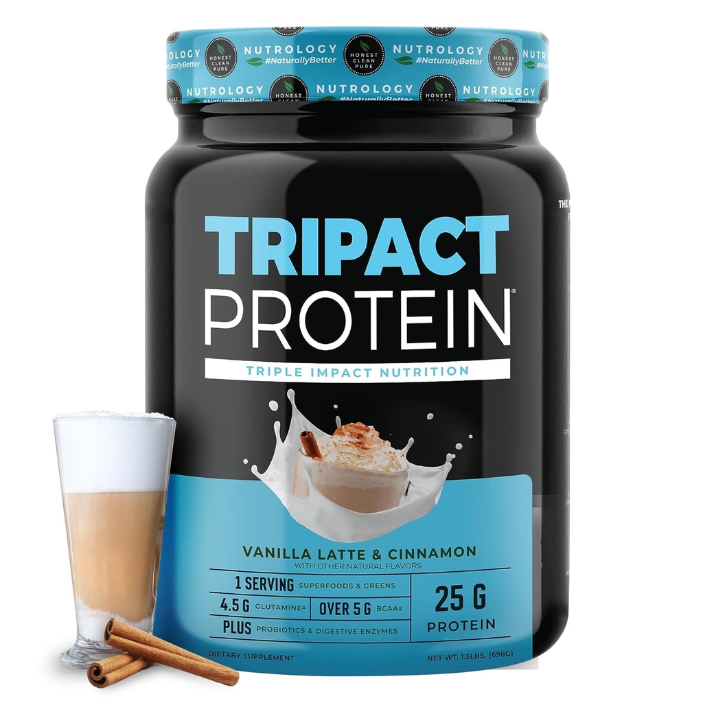 Nutrologia TRIPACT Protein Powder - 7-in-1 Meal Sostituzione Shake con Grass Fed Whey Protein Powder, Pea, Rice, Greens for Muscle Recovery & Immunity, Vanilla Latte & Cinnamon Flavor, 20 Servings