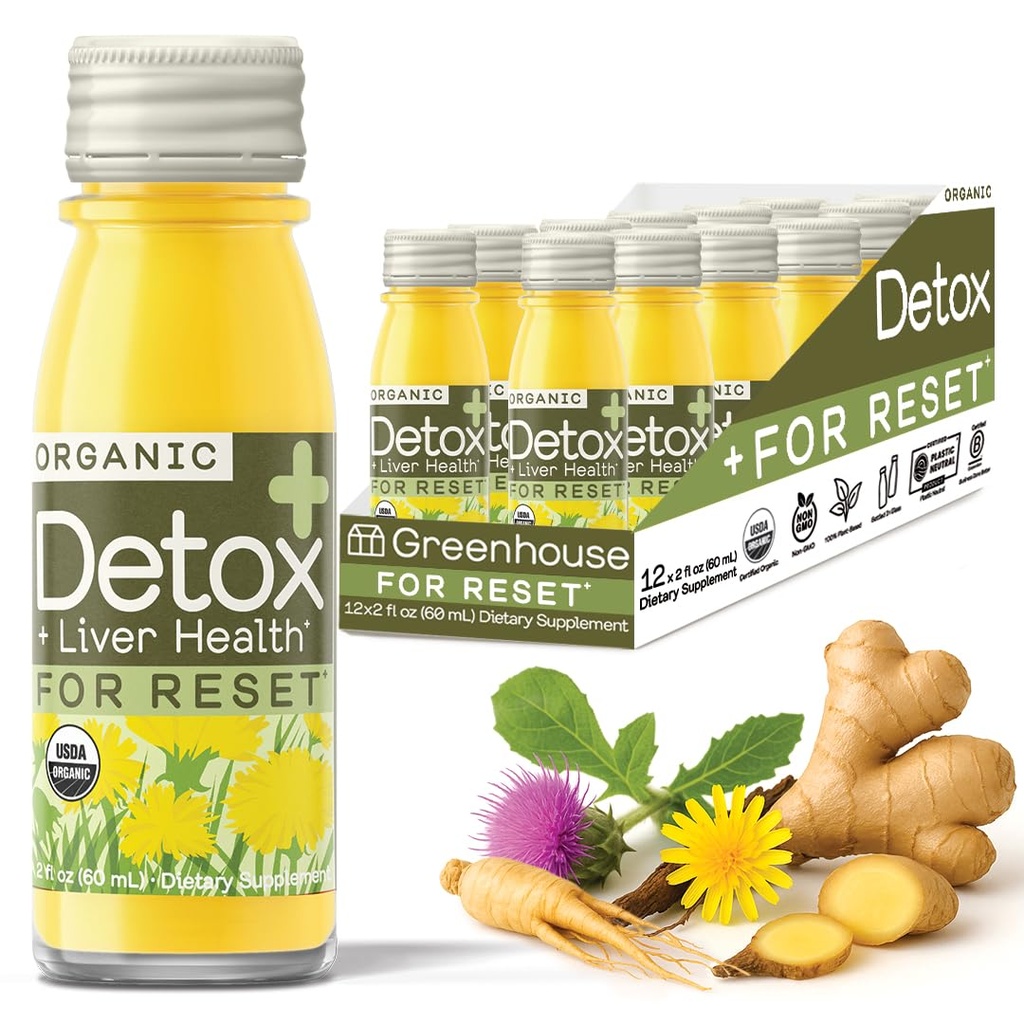 Greenhouse Juice Detox Wellness Shots Organic Immunity Shots Juice Liver Health Wellness + Anti-Inflammator mit Ginseng, Milk Thistle und Dandelion Vegan & Gluten-Free (2 Oz, Packung 12)