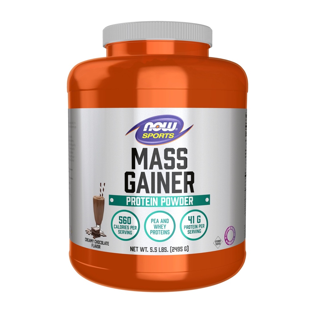 NOW Foods Sports Mass Gainer Protein Powder, Creamy Chocolate Flavor, Pea e Whey Protein Blend, 5.5 lbs.