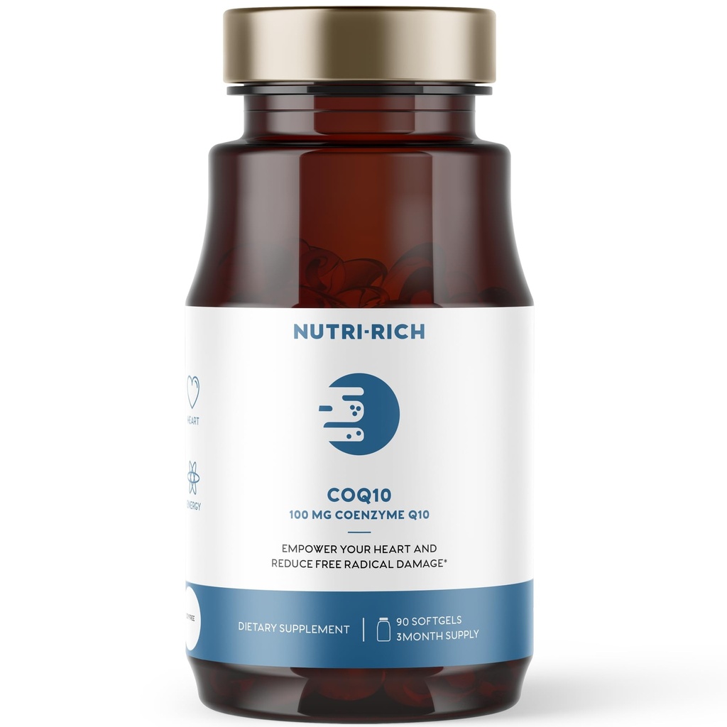 Nutri-Rich CoQ10 Softgels, Coenzym Q10 Ubichinon für Herz & Energie, Statin-Nusage & Cellular Health, Third Party Getestet, GMP-Qualität, keine künstlichen Additive, No Soy, Gluten Free, 90 Count