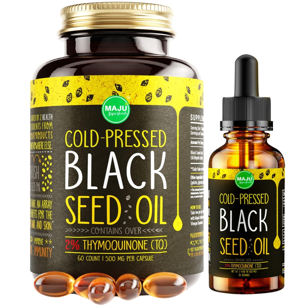 Maju Superfoods Black Seed Oil 2 oz und Black Seed Öl Kapseln Bundle