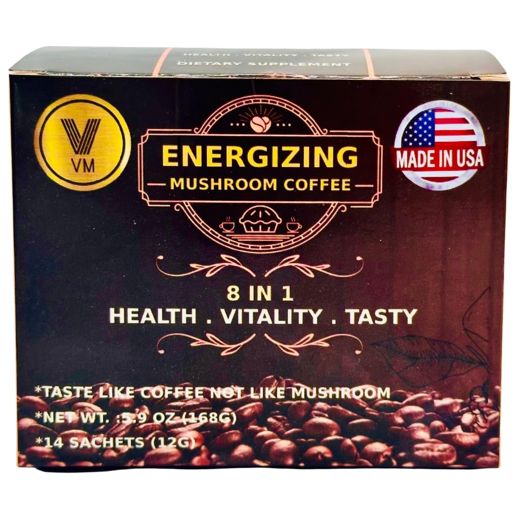 VM Energizing Mushroom Coffee-Reishi mit Ginseng & Carbo Mix-Instant Kaffee. Natürliche Ganoderma mit Instant Cafe.Dietary Ergänzung.8-in-1 Pilz Kaffee. Mix Kaffee Bio-Klassiker. Made in USA.(14) S
