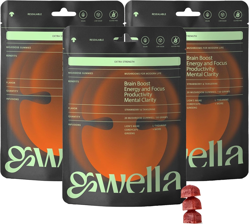 Gwella Focus Gummis mit Lion’s Mane, Panax Ginseng, Ginger Root, Cordyceps, SAM-e und Nootropics, Energy and Focus Supplement, Vegan, Strawberry Tangerine (20 Count - Pack of 3)