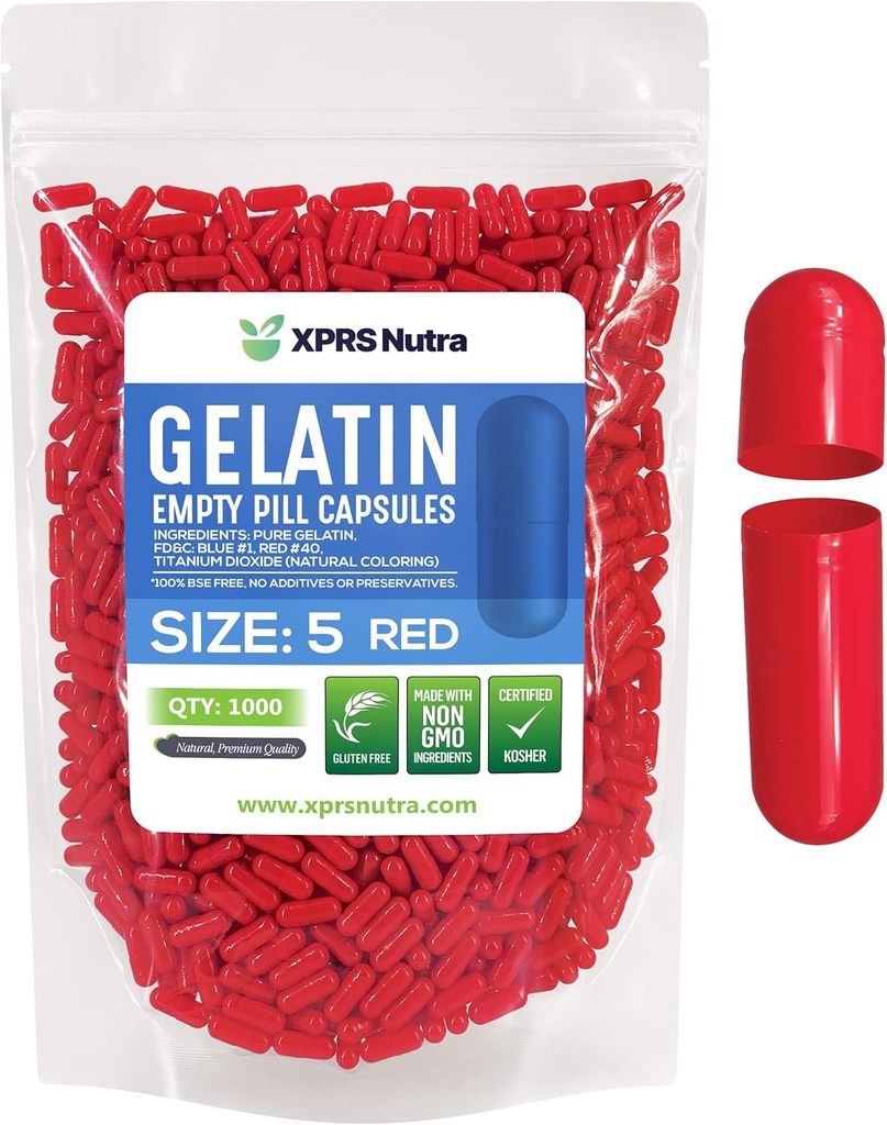 XPRS Nutra Größe 5 Leere Kapseln - 1000 Graf Sehr kleine leere Gelatine Kapseln - Pillen DIY Kapsel Füllung - Fillable Pillen Gel Kapseln für Do-It-Yourself Vitamin Supplements (Red)