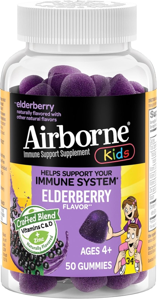 Airborne Kinder Elderberry + Zink & Vitamin C Gummis, Kinder Immununterstützung mit leistungsstarken Antioxidantien VIT D & E - 50 Gummie, Elderberry Flavor