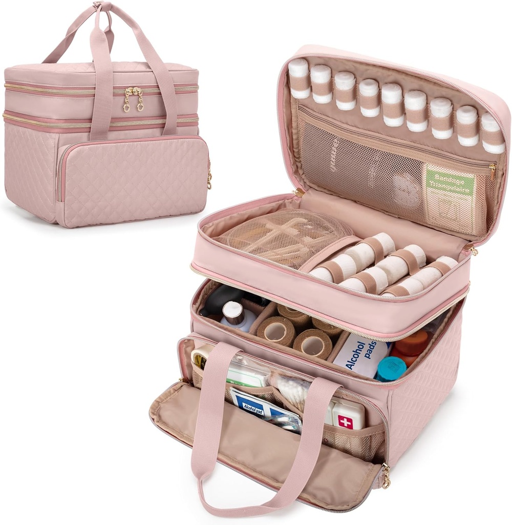 Yarwo Pill Bottiglia Organizer Vuoto, Double Layers Medicine Travel Storage Bag con 5 divisori personalizzati e cerniere bloccabili per prescrizione bottiglie e pronto soccorso forniture, rosa