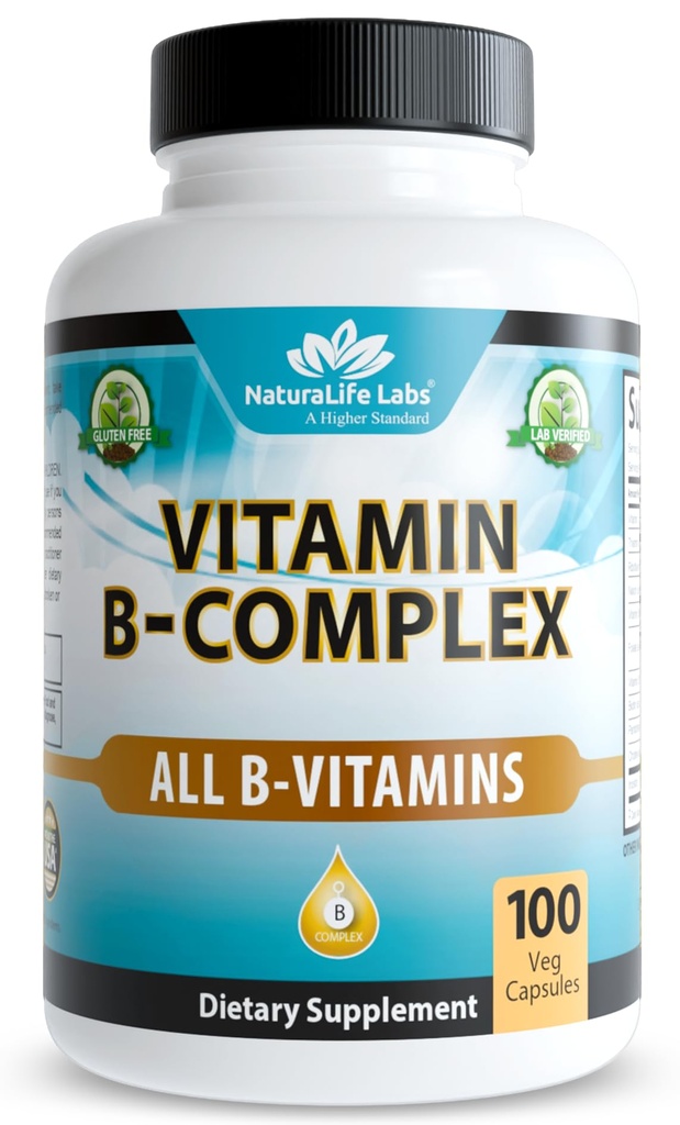 NaturaLife Labs Vitamina B-Complex con Vitamina C – Include Active B2 (Riboflavin-5-Phosphate), B6 (Pyridoxal-5-Phosphate), B9 (5-MTHF) e B12 (Methylcobalamin); più B1, B3, B5 e B7 – 100 capsule