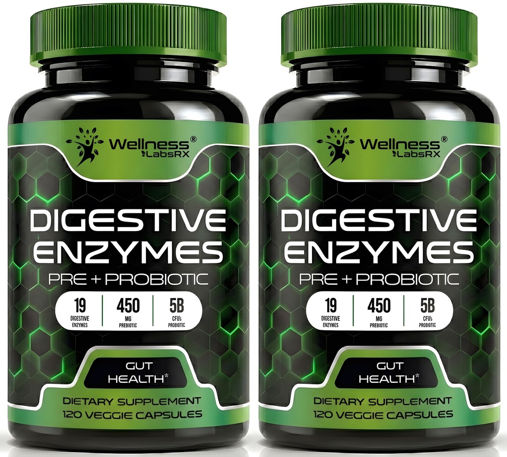 Verdauungsenzyme mit Probiotika und Präbiotika, 450mg, 5 Billion CFUs - Pure Super Digestion Capsules - Verdauungsenzyme für Frauen und Männer unterstützen Verdauung & Gut Gesundheit - 120 Count (Pack von 2)