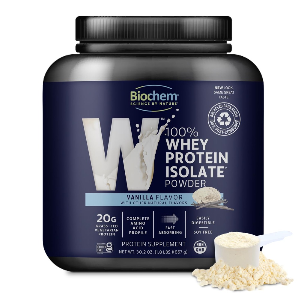 Biochem Whey Protein Isolate Powder - Vanilla Flavor, 20 Grams par portion, provenant de vaches herbeuses, non-OGM, végétarien, pas d'arômes artificiels ou d'édulcorants - soutient la masse musculaire et la performance