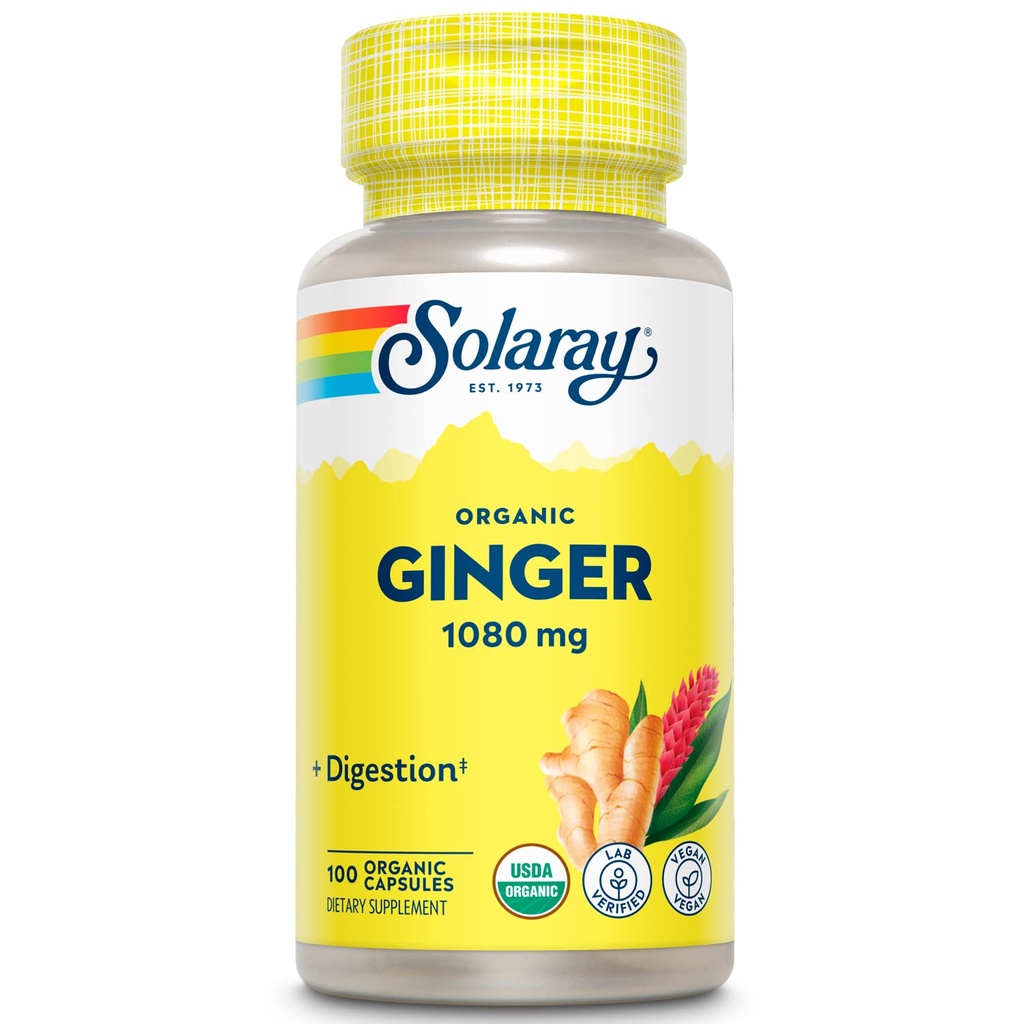 SOLARAY Organic Ginger 1080 mg - Integratori di zenzero organici - Allevia Nausea e Vomiting Associati a Motion Sickness, Supports Joint Health - Vegan, Non Drowsy, 60-Day Guarantee, 50 Servings