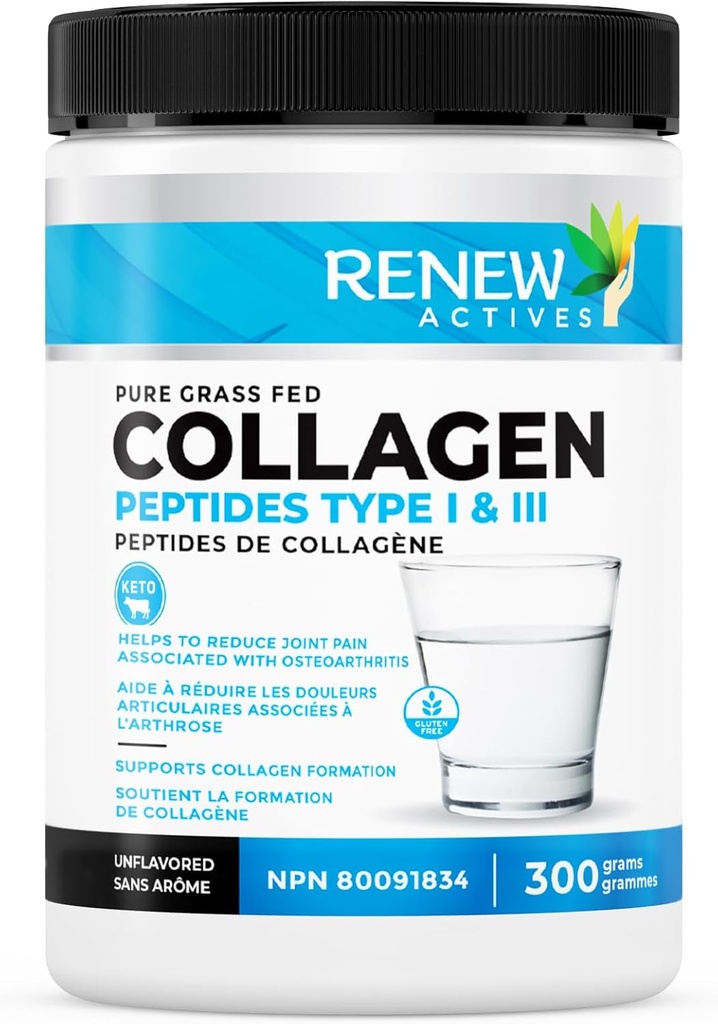 Renew Actives Hydrolyzed Collagen Peptides Powder 10G per Serving – Premium Grass-Fed Collagen for Skin, Joints & Hair – 9.4g Protein – Supports Collagen Formation & Muscle Recovery – Made in Canada