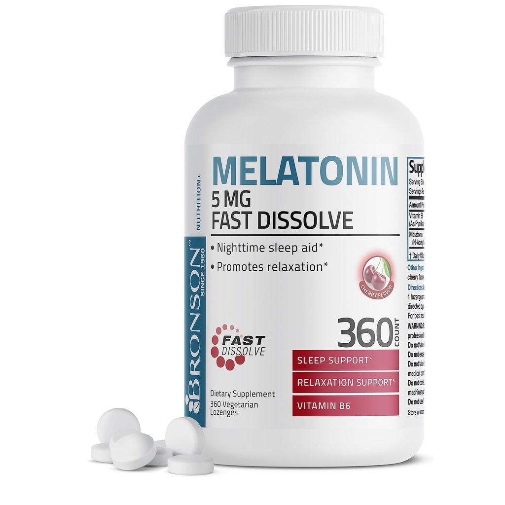 Bronson Melatonin 5mg Fast Dissolve Cherry Flavor compresse con vitamina B6 - Nighttime Sleep Aid - promuove il relax, 360 vegetariano Chewable Lozenges
