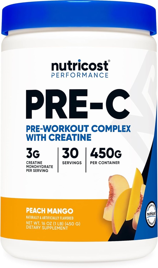 Nutricost Pre-C Pre-Workout-Komplex mit Kreatin (Peach Mango | 30 Portionen) Pulver - Boost Fintess Routinen, 450g