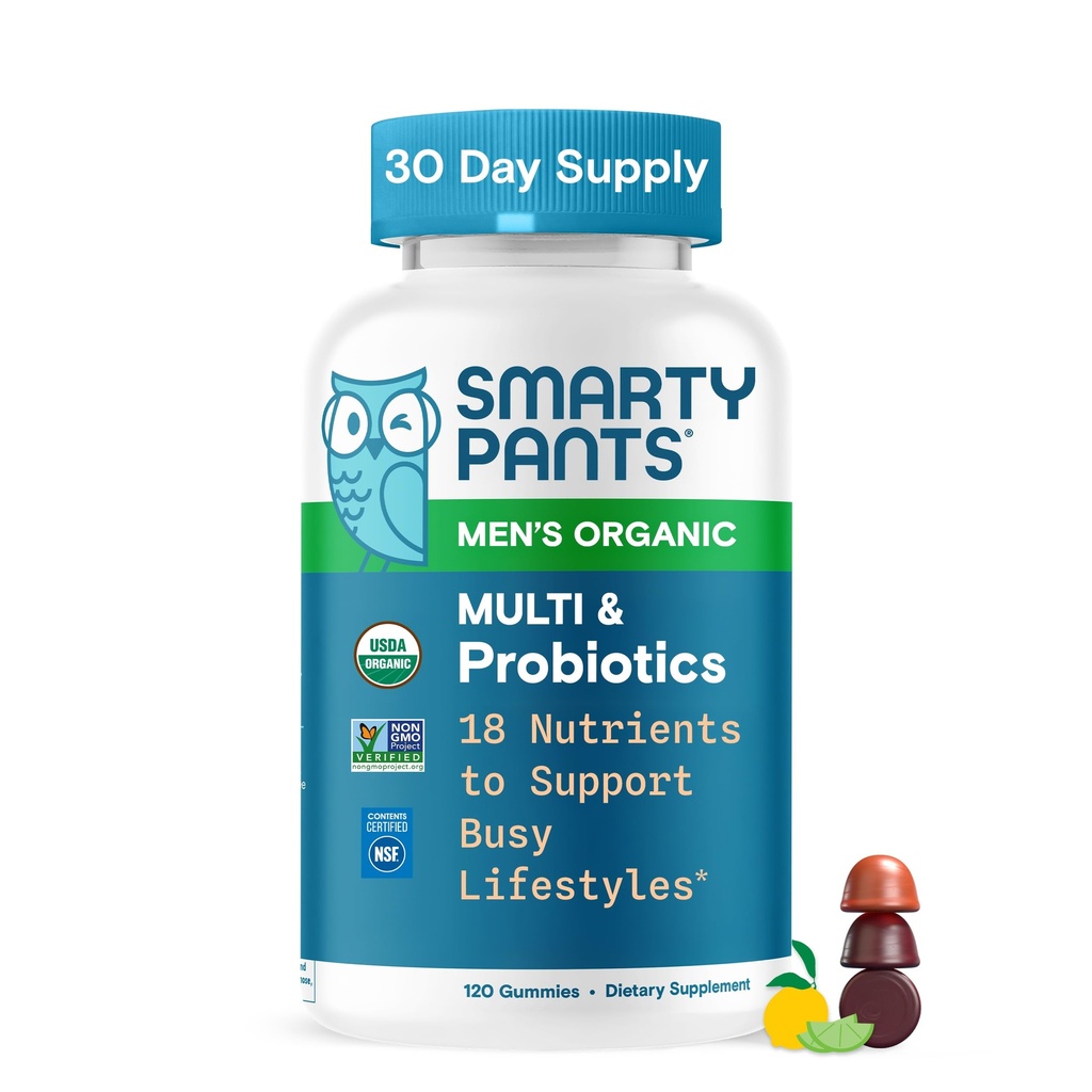 SmartyPants Multivitamin per gli uomini, Gummie organiche: Probiotici, CoQ10, Methylfolate, Omega 3 (ALA), Vitamina D3, C, Vitamina B12, B6, A, K & Zinc per il supporto immunitario, Biotina, 120 Gummies (30 giorni di alimentazione)