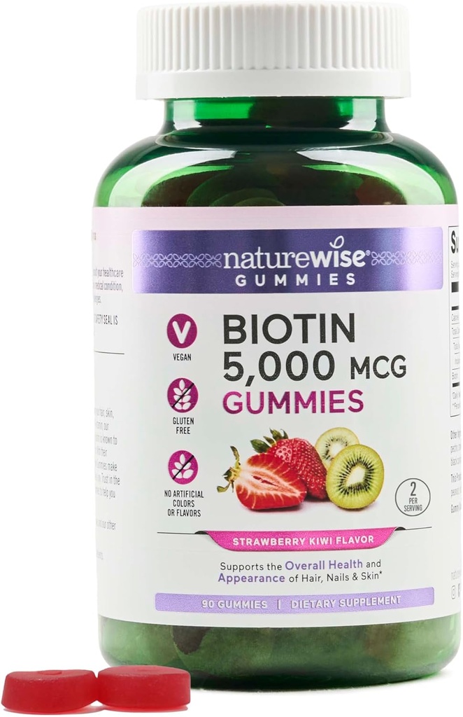 NatureWise Biotin Gummies - Supporta capelli sani, pelle e unghie forti - Vitamina B7 5000mcg - Bellezza naturale - Strawberry-Kiwi Flavor - Vegan, Non-GMO, Gluten Free - 90 Count[45 Day Supply]