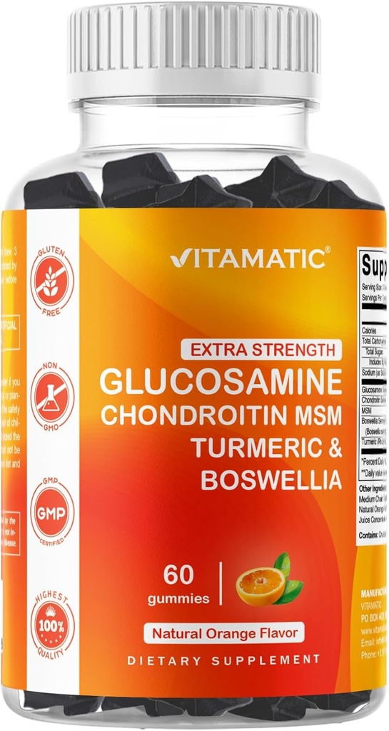 Vitamatic Extra Strength Glucosamin Chondroitin Gummis mit MSM, Turmeric & Boswellia – 60 Pectin-Based Gummies Advanced Joint Support Formula – Sugar-Free, Non-GMO, Gelatin-Free