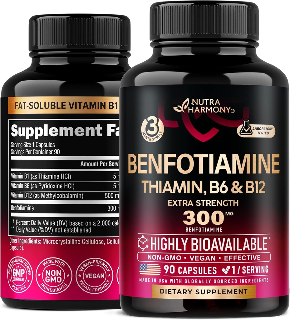 Benfotiamin 300 mg - Nerve Support, Energy & Metabolism Support - Benfotiamine Supplement Fettlösliches Vitamin B1 - hochverfügbar und absorbierbar - mit Thiamin, Vitamin B12 & B6 - 90 Kapseln