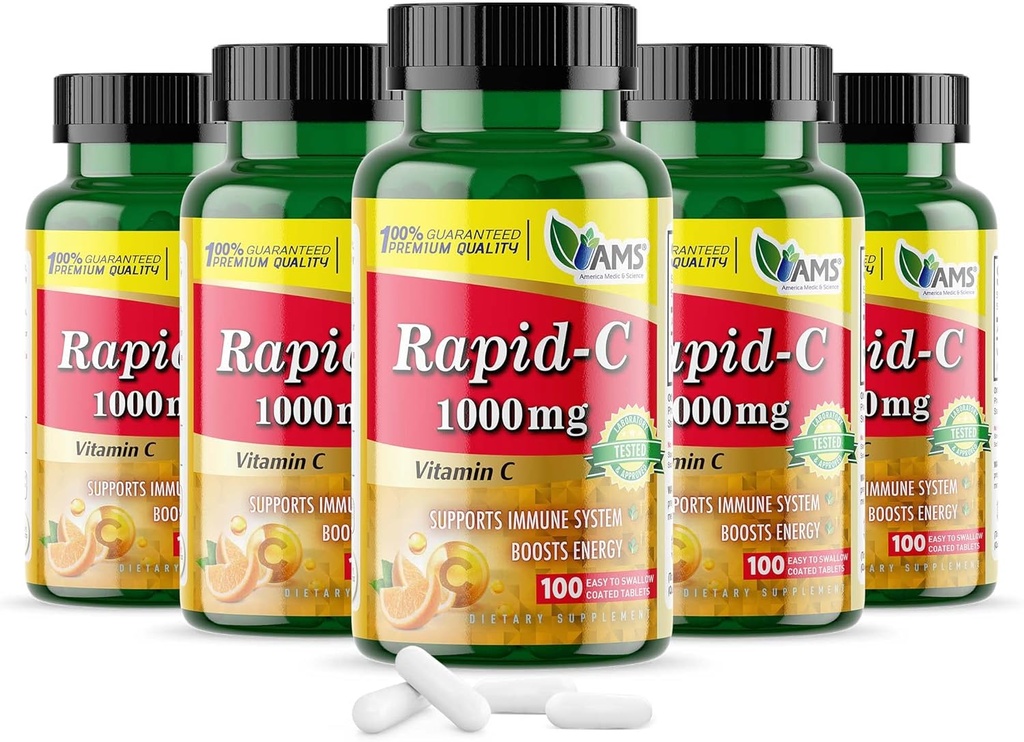 Amerika Medic & Science Rapid-C 1000mg Vitamin C Supplement (5 Packung mit 100 Tabletten) Energie-Booster, Tägliche Immunsystem-Unterstützung, Antioxidans | Vegan, Non-GMO beschichtete Ascorbinsäure für Erwachsene Männer & Frauen