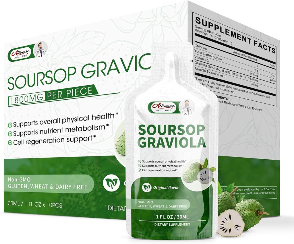 Soursop Graviola Liquido, Estratto di Soursop Pure organico per il supporto cellulare e la rigenerazione, Boost immunitario, ad alto assorbimento Soursop Bitters Bevande / Soluzione Oral-10 FL OZ