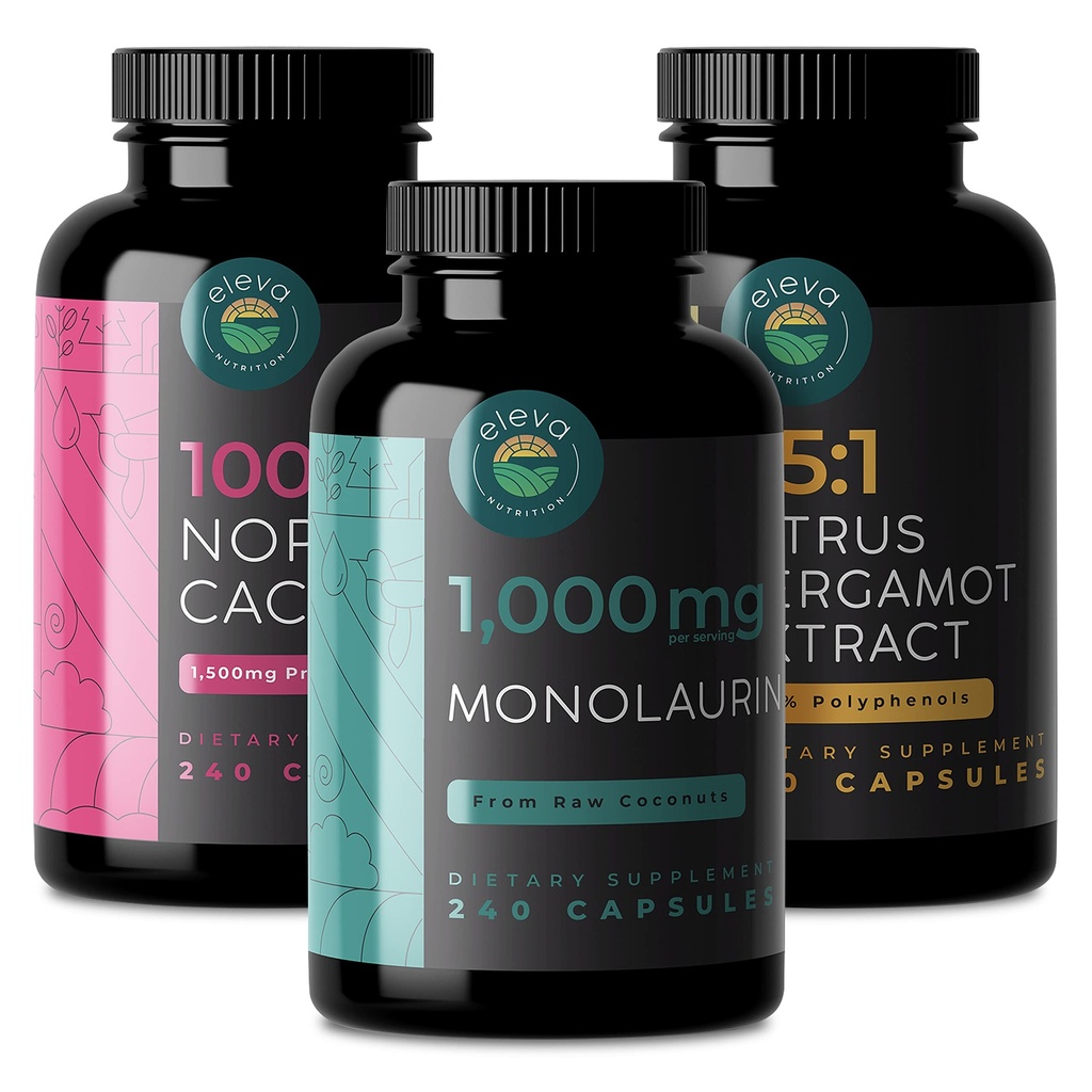 Citrus Bergamot, Nopal Cactus et Monolaurin Bundle. Capsules d' Agrume Bergamote de 1000 mg, Capsules de Monolaurin de 1000 mg et Capsules de Cactus de Prickly Pear de 1500 mg
