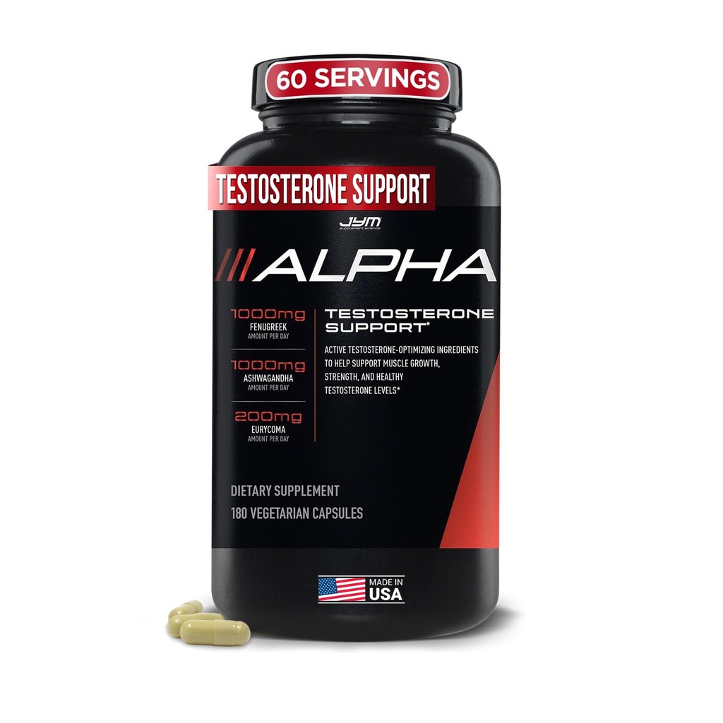 Alpha JYM Testosteron Support | Männliche Vitalität, Hormonoptimierung, Ashwagandha, Fenugreek, Eurycoma, Damiana, Quercetin, DIM | JYM Supplemental Science | 180 Vegetarische Kapseln