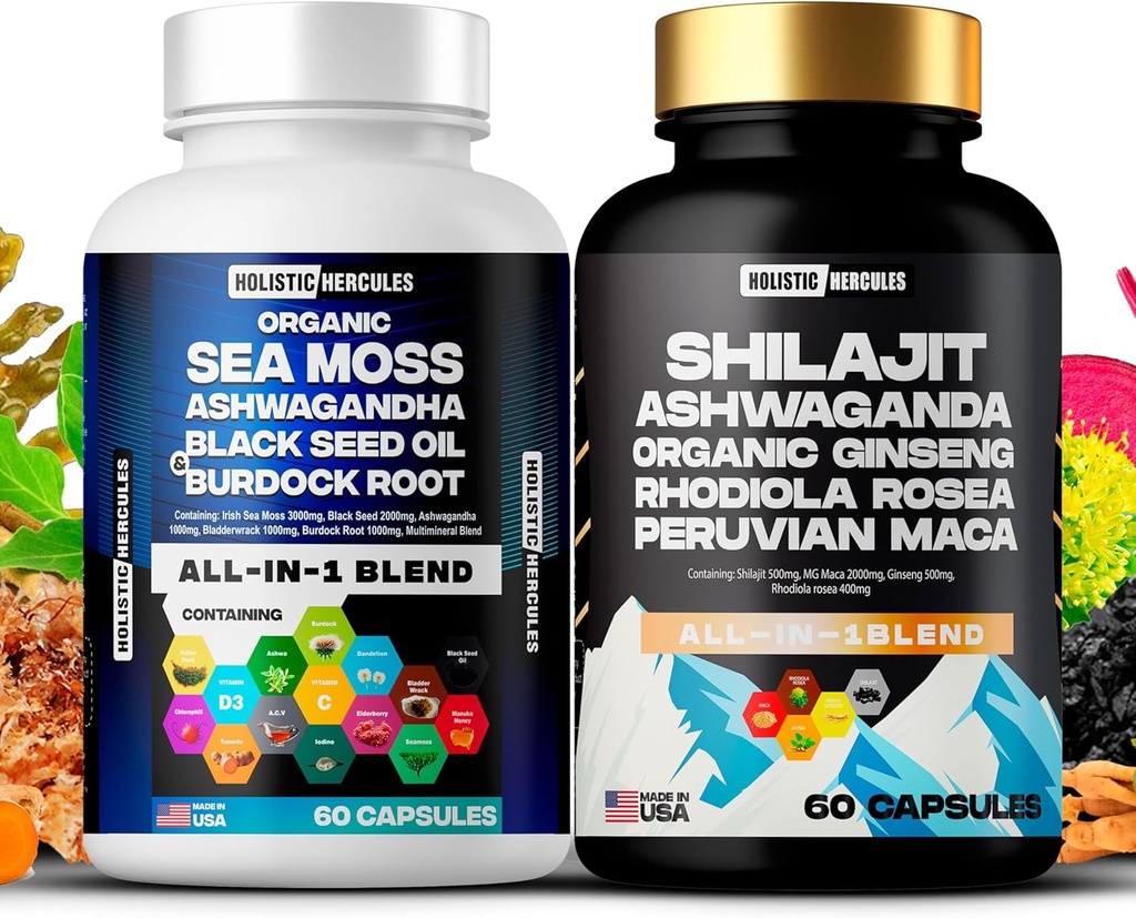 Holistic Hercules Classic Combo Bundle - Sea Moss 3000mg, Black Seed 2000mg, Ashwagandha 1000mg, Shilajit 5000mg, Panax Ginseng 1500mg, Peruvian Maca 2000mg, Alle in 1 Supplements Pack