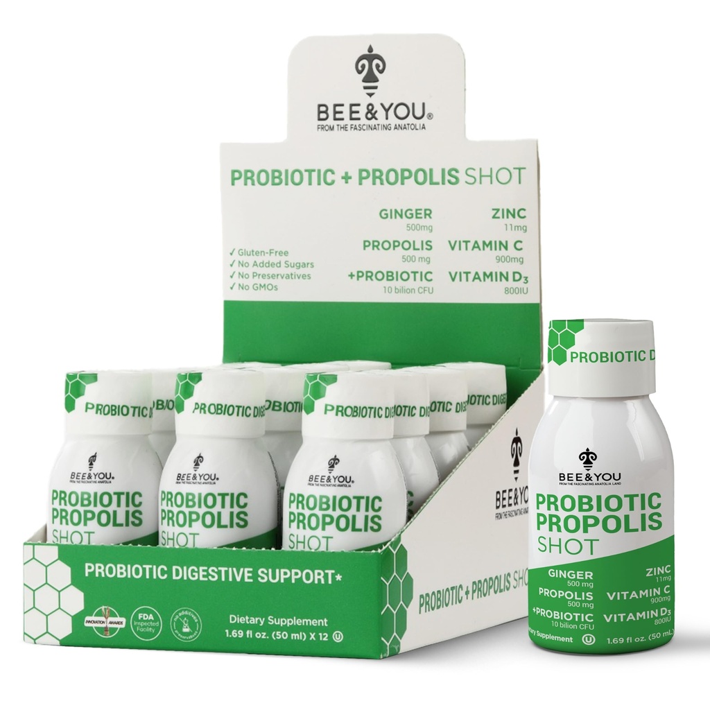 Bee and You Propolis Immune Shot, Probiotic, Vitamina C, Vitamina D3, Zinc, Ginger, Supporto immunitario, Salute Gut, Salute digestiva, Bioactive 1.69 Fl. oz, 12 Pack