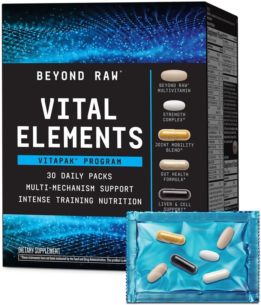 BEYOND RAW Vital Elements Vitapak Programma, Nutrizione Vitamine Packs per Uomini e Donne, Gut Health Formula, Forza, NAC, Mobilità Congiunta, 30 Pacchetti