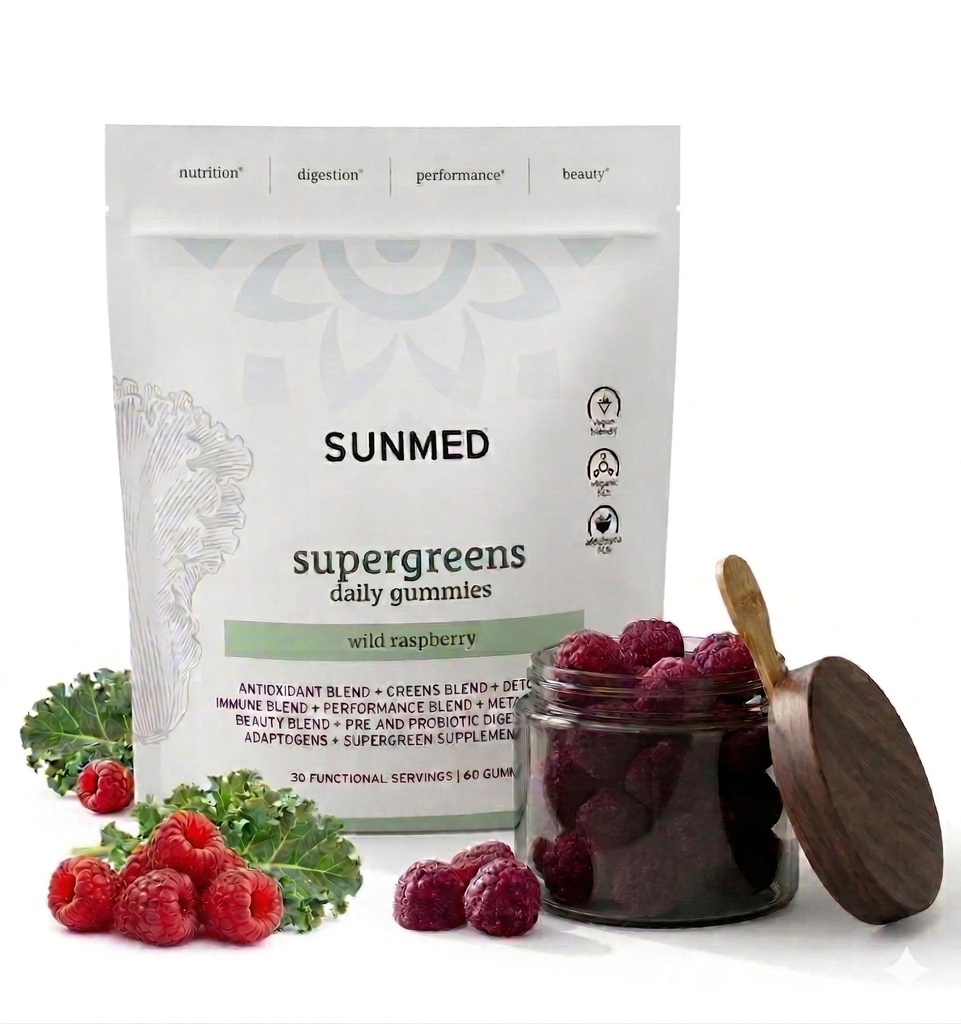 SUNMED Supergreens Daily Gummies – Wellness Blend avec Ashwagandha, Thé vert, Spiruline, Probiotiques, Antioxydants et Detox Support pour l'immunité, Gut, la peau et la santé du cerveau