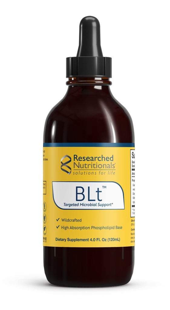 Nutrizioni di ricerca BLT - Supporto Microbiale Avanzato - Hull Noce Nero, Erbe di Boneset, Sarsaparilla & Tincture Lomatium - Complesso di consegna Phospholipid per assorbimento massimo (4 fl oz)