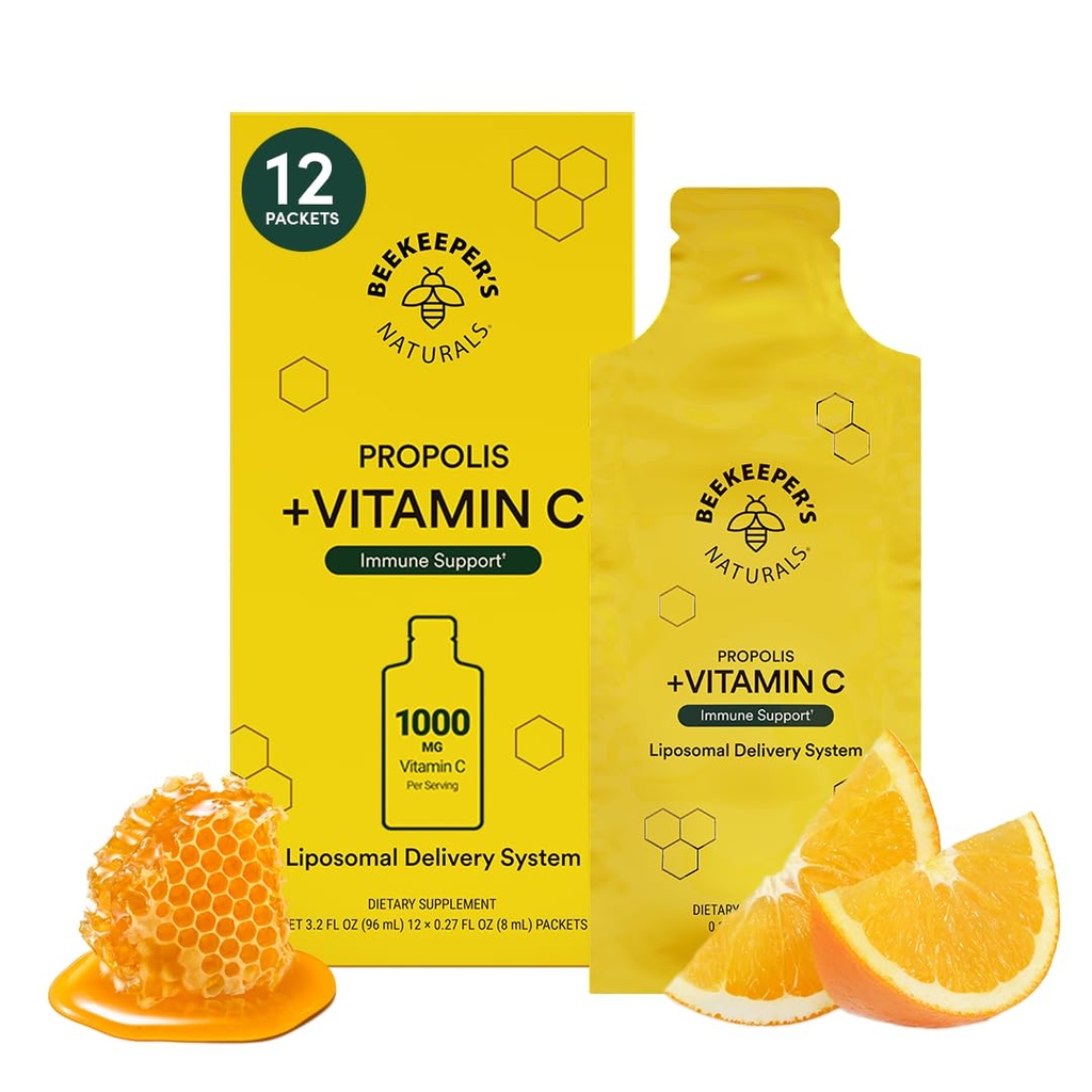 Propolis Liposomal Vitamina C by Beekeeper's Naturals, 1000mg Vitamin C, Propolis & Organic Honey, Supercharged Immune Support & Aumentata Bioavailibity per Max Absorption, 12 Ct