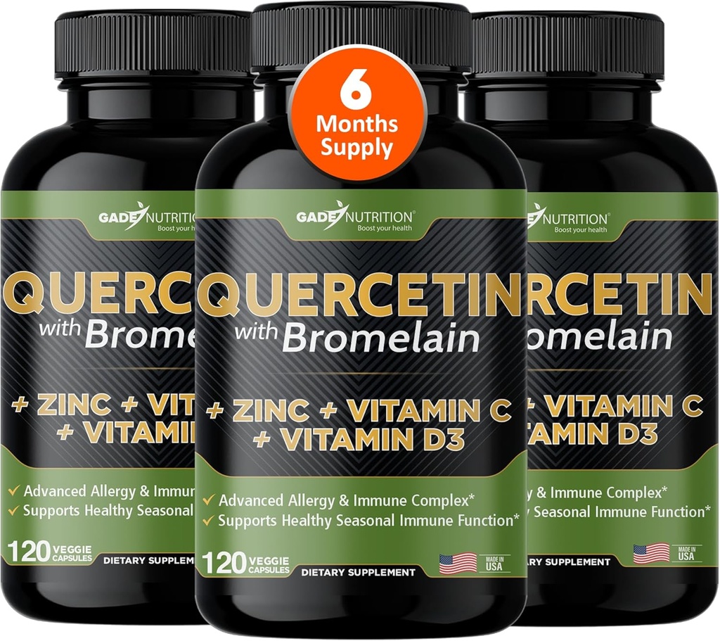 Gade Nutrition Quercetin avec Vitamine C et Zinc - Quercetin 500mg - Quercetin avec Bromelain - Zinc Quercetin - Suppléments Quercetin + Vitamine D3 (non-OGM, sans gluten, végétalien) - 6 mois d'approvisionnement