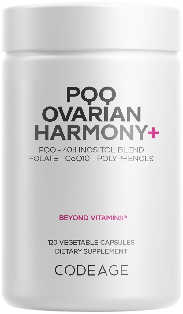 Codice PQQQ Ovarian Harmony+ Supplemento - PQQ (Pyrroloquinoline Quinone), Myo-Inositol & D-Chiro-Inositol 40:1 Blend, Folate 5-MTHF, CoQ10, Wild Blueberry - Consegna Liposomal - Non-GMO - 120 capsule