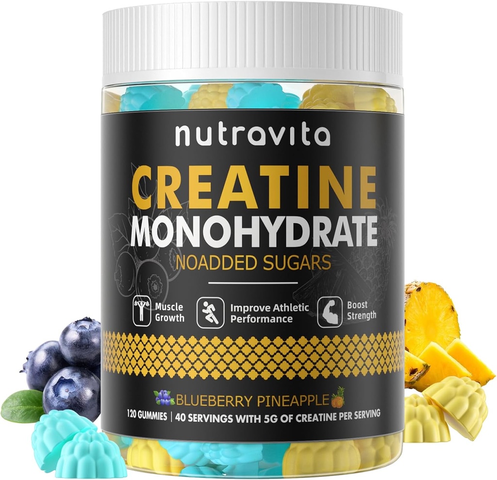 Nutravita Monohydrate de créatine Gommies pour les hommes et les femmes-5g de créatine Monohydrate par portion - sans sucre, végétal, ananas de bleu, 120 comte
