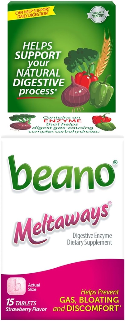Beano Meltaways, Gasvorbeugung & Verdauungsenzym-Ergänzung, Erdbeer-Flaschen, 15 Zähler